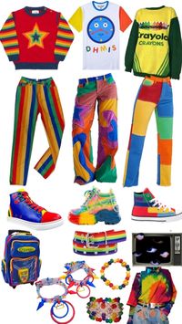 Key words: outfit inspo, clothes, fashion, clothing, style, kidcore, clowncore, rainbowcore, nostalgiacore, primary colors