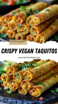 Try these Crispy Vegan Taquitos filled with spiced beans and sweet potatoes for a delicious, plant-based meal. Perfect for snacking or dinner!