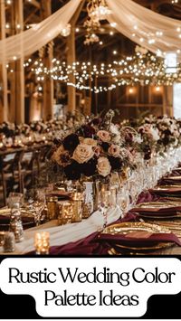 Create a romantic rustic wedding color palette with rich burgundy, soft blush, and metallic gold. Pair burgundy bridesmaid dresses with blush linens and gold accents for a cozy, elegant vibe. Perfect for barn venues with wooden beams and string lights. Add a boho touch or embrace fall with burnt orange or royal blue accents. Try these ideas for a rustic and timeless wedding.