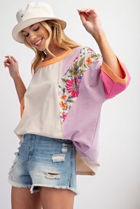 Get ready to add some color to your wardrobe with the Easel Print Mix Color Block Drop Shoulder Top. With a unique mix of colors and a comfortable drop shoulder design, this top is perfect for any casual occasion. Stand out from the crowd and show off your playful style with this fun and quirky top! Details:- Rounded Neckline- Color Blocked- Floral / Flower Print Sleeve Detailing- Emphasized Seams- Boxy Fit Fabric Content:- 100% Cotton