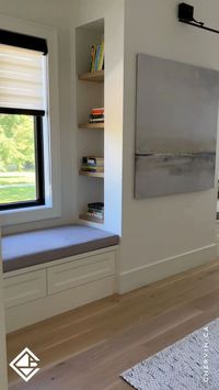 Admire #ProjectFay's master bedroom retreat: window benches with storage, plush cushions, and integrated white oak shelving. A cozy, stylish haven! 🌿💫 . . . #ChervinKitchen #CustomCabinetry #Handcrafted #MadeInCanada #Quality #CustomMillwork #DetailObsessed #InteriorDesign #MasterBedroom #BedroomDesign #ModernFarmhouse #CustomBench #WindowBench #UpholsteredBench #WhiteCabinets #WhiteOak #InsetShelving #DreamBedroom #BedroomGoals