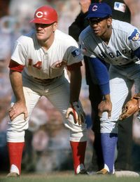 Ernie Banks and Pete Rose on first base.