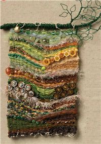 "An August Walk in the Woods" Woven Wall Hanging ~ Grace Mahoney   Weaving with wire, buttons and beads.