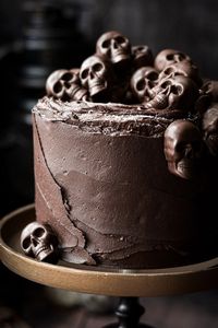 Chocolate cake with chocolate skulls for Halloween.