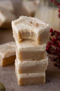 These easy eggnog cookie bars are the perfect Christmas and holiday treat to use up that extra Eggnog in. They are soft and so delicious.