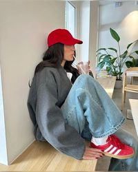 comfy casual everyday errands outfit, women's casual fashion outfit, winter fashion outfit, red it girl aesthetic, red adidas styling, red adidas outfit, red baseball hat outfit