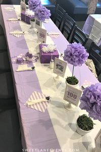 Tissue paper pom-pom flowers are great for a spring table.  Easy to make and inexpensive.  Lavender purple table.  #purple #springdecor SweetLaneEvents.com