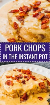 These Instant Pot boneless pork chops are one of the best pressure cooker recipes: tender meat smothered in a creamy dijon gravy and topped with crispy bacon, super easy and simple to make. This comforting dinner is also healthy and great for keto, low carb, and gluten free diets. Click the pin to find the recipe, nutrition facts, cooking tips, & more photos. #healthy #healthyrecipes #lowcarb #keto #ketorecipes #glutenfree #instantpot #dinner #easydinner #pork