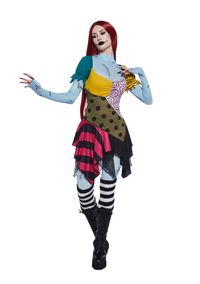 Stand by your Pumpkin King with this costume set that comes with a stretchy patchwork printed knit dress, short puff sleeves, a ruched bust, a fishnet mesh underskirt, and comes with a sheer blue mesh bodysuit with printed stitches all over and a back zipper closure. Includes a long red wig, and striped leg warmers.