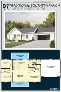 House Plan 25042DH gives you 1400 square feet of living space with 3 bedrooms and 2 baths