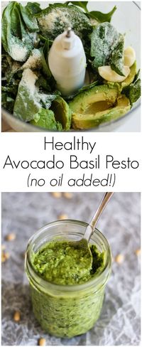 A lightened up pesto without any added oil! The secret is using an avocado to get a creamy texture that's unbelievable!