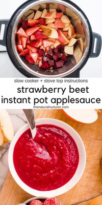 This easy Strawberry Beet Instant Pot Applesauce is delicious, has no added sugar and gets its amazing color from beets! Kid-friendly and the perfect way to get veggies in at breakfast, lunch, snack or whenever! Toddler breakfast ideas | kid recipes | homemade applesauce