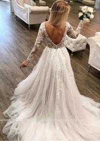 Long Sleeves Lace Wedding Dresses Boho Sexy Backless Tulle Beach Bridal Gowns V-neck Princess Marriage Gown sold by sambridal on Storenvy