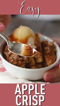 We make this old-fashioned apple crisp recipe every fall- it's so easy and so warm and comforting!  Lots of soft baked apples, cinnamon, and buttery crumb topping. #applecrisp #apple #recipe #easy #oldfashioned #cinnamon #dessert #fall #quick #glutenfree #best #withoatmeal #withoutoats #caramel #vegan #topping #simple #crumble #homemade #baked #makeahead #traditional #video #bakingamoment