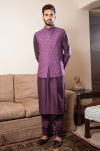 Buy Shagun Agarwal Purple Cotton Silk Embroidered Bundi And Kurta Set Online | Aza Fashions