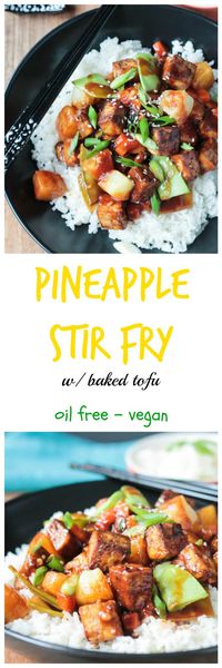 Pineapple Stir Fry w/ Baked Tofu - crisp veggies, sweet pineapple, chewy baked tofu - all smothered in a sweet, salty, sticky stir fry sauce. Dinner in under an hour! Dairy free, vegan and a gluten free option.