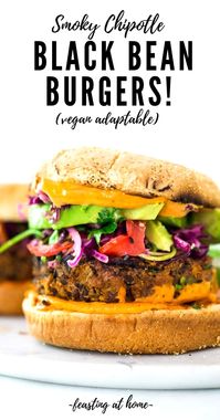 A quick and easy recipe for Smoky Chipotle Black Bean Burgers that can be made in under 30 minutes! Vegan adaptable and perfect for weekly meal prep! #blackbeanburger #veggieburger #veganburger #burger