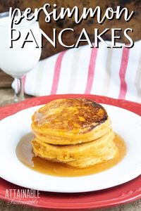 These persimmon pancakes are a tasty way to use persimmons from your backyard tree. When they're ripe in the fall, mix up a batch of pancakes for breakfast. Their spicy, warm flavor is perfect for a cozy breakfast with the family. #recipe