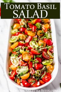 Tomato Basil Salad is the perfect summer side dish to serve at barbecues, cookouts, and picnics outdoors. This healthy recipe features juicy tomatoes and fresh basil, which provide tons of flavor. Quick and easy to prepare, or modify, refreshing Tomato Basil Salad is the versatile, simple side dish you’ve been searching for. | #tomatosalad #marinatedtomatoes #gardentomatoes #heirloomtomatoes, #sidedish #salad