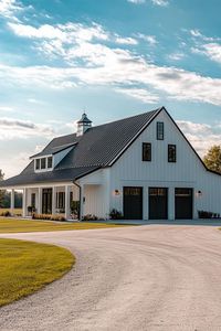 Full frontal view of large white shouse barndominium with black roof one side has modern windows and doors the other side has large garage doors. Unlock the secrets of shouse barndominiums and find out how you can live where the wild west meets modern luxury.