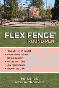 Instead of splintering or breaking on impact, Flex Fence® will flex up to six-eight inches and then return to its original shape. Flex Fence® is extremely strong, with the widest size having 4,860 pounds of break strength per rail! #rammfence #flexfence #horseroundpen #roundpen #horses #equine #horsesafety #ramm #horseranch #horsefarm