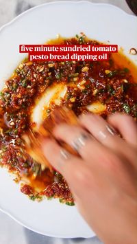 There isn’t an easier appetizer than a loaded bread dipping oil and this sundried tomato pesto version is a seriously flavor-packed option for your next party or date night. You need just six ingredients, five minutes and there’s no cooking involved.