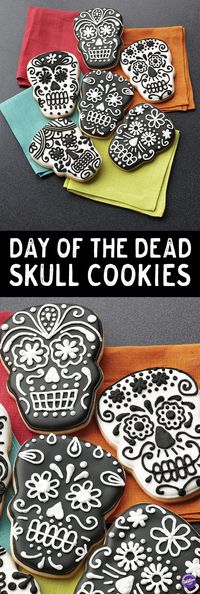 How to Make Day of the Dead Skull Cookies - Celebrate the departed with these lively color flow skull cookies! The Wilton Skull Comfort Grip Cutter creates the traditional shape and the black and white designs feature combinations of easy techniques for an unforgettable look.