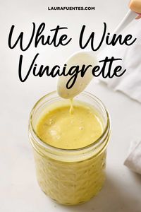 This homemade White Wine Vinaigrette tastes delicious and has a smooth & creamy consistency. It's a quick and easy recipe you'll want to drizzle over all your salads!