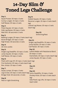 Hey there! Looking to tone up those legs in a fun and effective way? 🌟 Join our 14-Day Slim & Toned Legs Challenge! This plan is perfect for all fitness levels and includes a mix of exercises to target every part of your legs. Don't forget, if you've got a resistance band, use it to amp up the workout! It's all about feeling great and making progress at your own pace.