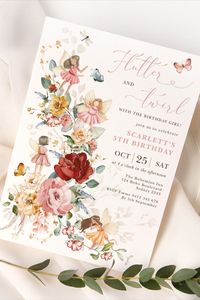 Magical Fairy Floral Garden Pixie Girls Birthday I Invitation #floral #fairy #fifthbirthday #birthday #happybirthday #birthdaycards #birthdayparty