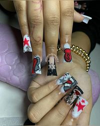 nails , duck tip , kaws , star , intial nails , inspo , gray , white , red , creative , jems