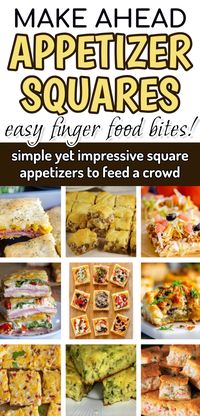 Make Ahead Appetizer Squares Easy Finger Food Bites! simple impressive appetizers for a crowd - antipasto squares crescent rolls, shrimp toast and more simple quick party snacks baked on a sheet pan. Some are elegant appetizers for party small bites, some are make ahead room temp appetizers all are easy snacks for a party cheap simple appetizer recipes! Perfect for Holiday parties, Super Bowl, New Years Eve, Summer and Fall appetizers for a crowd!