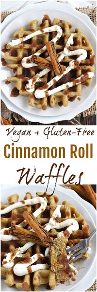 Vegan Cinnamon Roll Waffles - These light and fluffy Vegan Cinnamon Roll Waffles are a gluten-free treat! Fluffy waffles are topped with a cinnamon sugar “filling” and drizzled in a dairy-free cream cheese “frosting” to create a delicious breakfast.