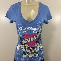 New With Tags Ed Hardy Women Love Kills Slowly Blue Shirt. Has Rhinestone On The Design That Looks Beautiful. V Neck And Short Sleeve Shirt. Multiple Sizes Available.