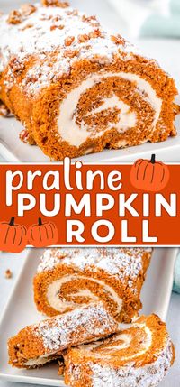 This Praline Pumpkin Roll recipe makes an impressive dessert! The spiced pumpkin roll is elevated with a caramel praline cream filling and studded with candied pecans. It is decadent, stunning and the perfect finish to a holiday meal! // Mom On Timeout