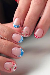 These adorable short nails are the perfect complement to a festive Fourth of July celebration. With a soft pink base, the designs include a playful mix of blue and red gingham patterns accented with small white stars, as well as a charming touch of cherry designs that evoke the sweetness of a summer picnic. The combination of classic Americana with a fresh, feminine twist makes these nails a delightful expression of holiday spirit. 🇺🇸🍒✨  // Photo Credit: Instagram @jess_nails_it