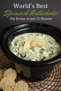 My new favorite party recipe. This spinach artichoke dip recipe is SO good and easy. Perfect appetizer or snack.