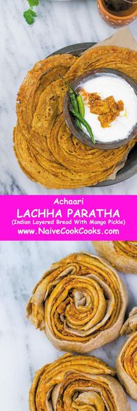 This LAYERED Indian style bread is great hen eaten along with tea/coffee or served with curries! #recipes #indian #paratha #lachha #achaar #mango #pickle #easy #authentic