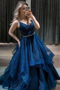 This Dress is fashionable for every occasion. the dress is made-to-order by professional tailors. You can choose from 50 colors, Regular sizes 2 to 16 and plus sizes 14w to 26W. Custom size is also available.. The product details: Color: Royal Blue, Length: Long, Silhouette: A-Line, Neckline: V-Neck, Primary Fabric: Tulle