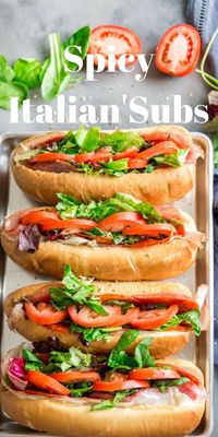 Spicy Italian subs are the perfect game day sandwich! Deli meat and provolone cheese are piled high in these thick and flavorful spicy Italian sub sandwiches! via @Lemonsforlulu