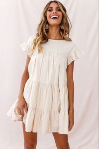 Shop the Hyacinth Ruffle Sleeve Smock Dress Beige | Selfie Leslie