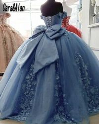 Dusty Blue Quinceanera Dress 3D Floral Applique Off Shoulder Sweet 16 With Bow | eBay