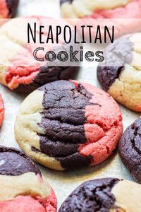 Neapolitan cookies are chewy, flavored with delicious strawberry, rich chocolate, and buttery vanilla. They're beautiful cookies perfect for birthdays, showers, and potluck parties! Makes about 20 cookies.