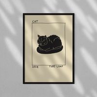 Museum-quality Black Cat Loaf poster made on thick and durable matte paper. This chunky black loaf kitty would make a perfect gift for cat moms.  Sizes: 21X30 cm 30x40 cm 50x70 cm Note: Photos 1-3 are scaled 50X70 cm. You may see the sizes side by side on the 6th photo. Also you may check all the sizes with human scale on photos 8-10.  You may contact us for background color variations OR to add other text. * Paper thickness: 10.3 mil * Paper weight: 5.57 oz/y² (189 g/m²) * Giclée printing quality * Opacity: 94% * ISO brightness: 104% **Frame not included This product is made especially for you as soon as you place an order, which is why it takes us a bit longer to deliver it to you. Making products on demand instead of in bulk helps reduce overproduction, so thank you for making thoughtfu