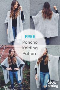 FREE Poncho Knitting Pattern. Cloak yourself in the snuggliest poncho on Earth! The wide rib collar adds extra warmth to the neck and the thermal stitch makes the entire thing extra warm and squishy. Find the free pattern on LoveCrochet.com!