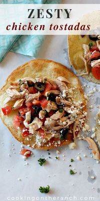 Shredded Chicken Tostadas recipe. So easy, perfect for a weeknight meal. With feta cheese and olives this is a zesty version of a traditional Mexican Classic. Healthy!   #easy #tostadas #easydinner #simple