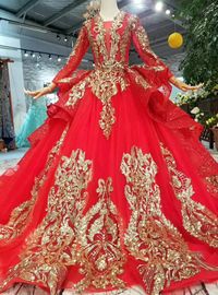 Red Tulle And Gold Sequins Appliques V-neck Long Sleeve Wedding Dress