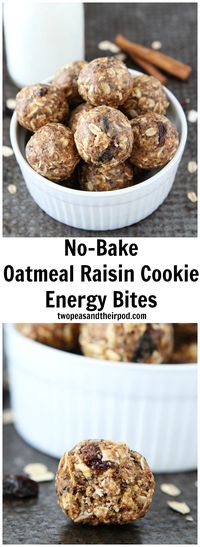 No-Bake Oatmeal Raisin Cookie Energy Bites Recipe on twopeasandtheirpod.com These easy and healthy energy bites taste just like oatmeal raisin cookies! They only take 10 minutes to make and are great for breakfast on the go or snacking!