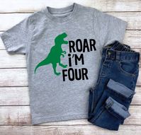 Roar I'm Four With a Green Dinosaur Shown on a Heather Grey shirt with black lettering and a green dinosaur. PLEASE NOTE, I DO NOT HAVE CONTROL OVER THE PACKAGES ONCE THEY LEAVE MY SHOP. ALL SHIPPING IS WITH THE UNITED STATES POSTAL SERVICE FIRST CLASS MAIL UNLESS AN UPGRADE IS PURCHASED, THEN IT IS PRIORITY MAIL. USPS HAS FULL CONTROL OF DELIVERY ONCE IT LEAVES ME! All clothing orders are a three - five business day production time with out the rush order that you can purchase below.  If you ha