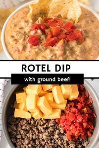 Rotel Dip with Ground Beef has only THREE ingredients and is cheesy, beefy, and a little bit spicy - perfect for any party! Throw this easy dip together and your guests will be asking for the recipe. | www.persnicketyplates.com